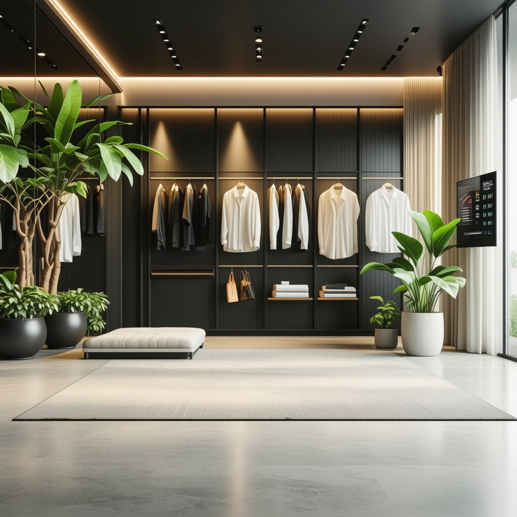 An eco-friendly dry cleaning setup featuring enzymatic cleaning equipment, plant-based solvents, and digital tracking screens