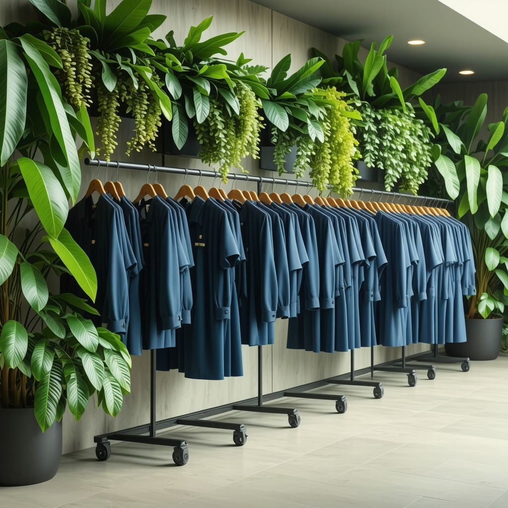 Modern eco-friendly dry cleaning facility showing enzymatic and nanotech processes with clean hanging uniforms and greenery