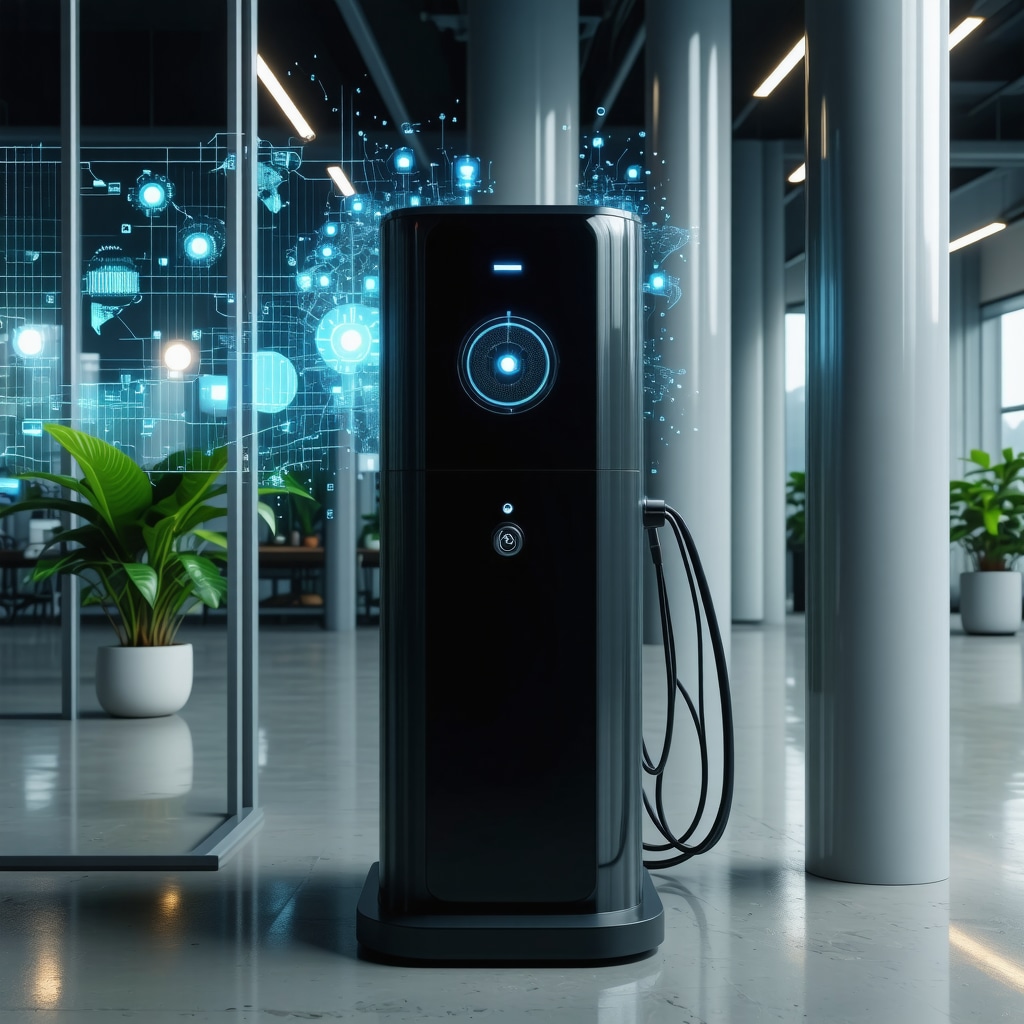 Futuristic IoT-connected cleaning device dispensing plant-based cleaner with data overlays in industrial setting