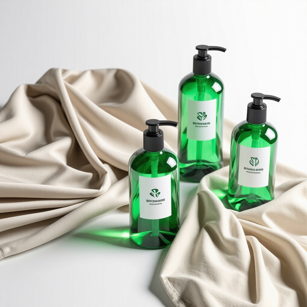Luxury fabrics such as silk and cashmere alongside eco-friendly green dry cleaning detergent bottles symbolizing hypoallergenic and sustainable garment care