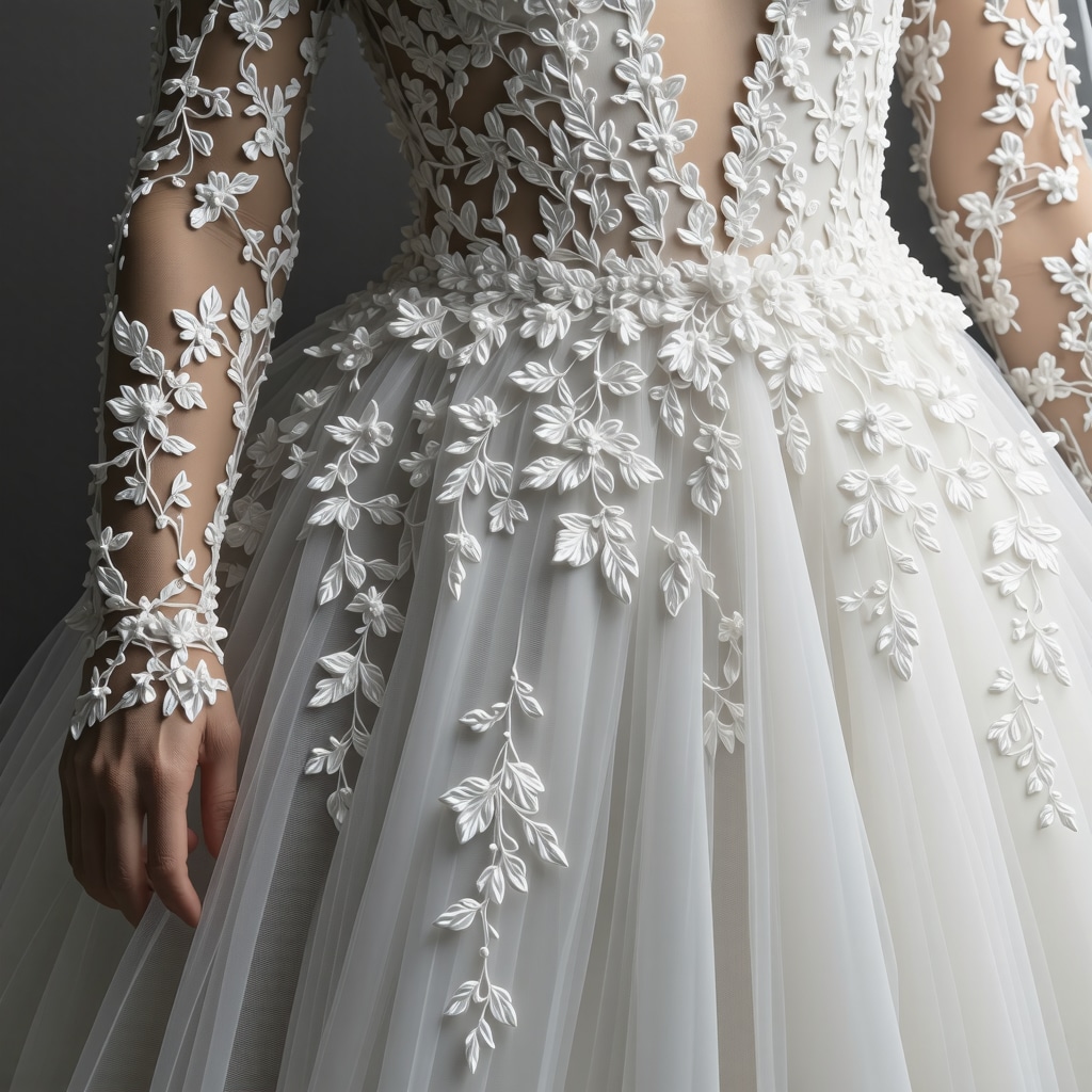 Microscopic wedding dress fibers interacting with plant-based solvents and AI graphic overlay