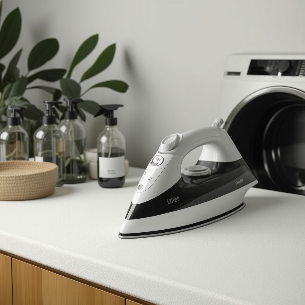 Eco-friendly smart iron with AI controls ironing delicate fabric using botanical sprays and natural starch on organic cotton ironing board