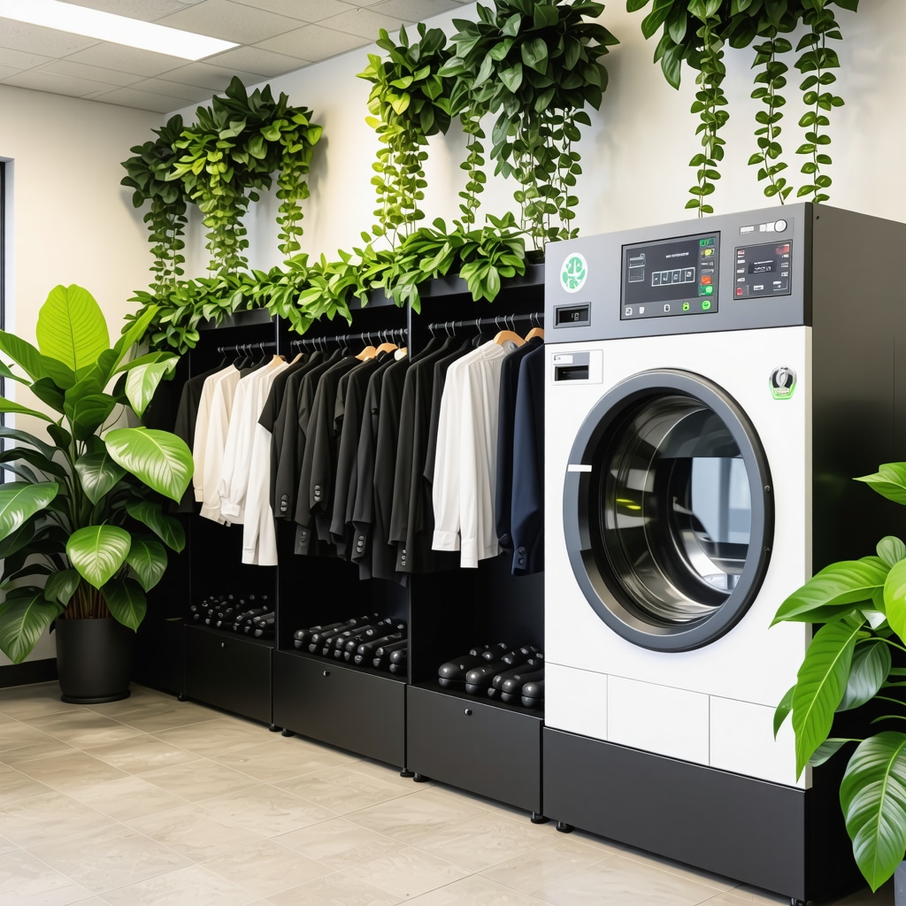 Interior of a state-of-the-art eco-friendly dry cleaning facility with digital machinery and green certifications