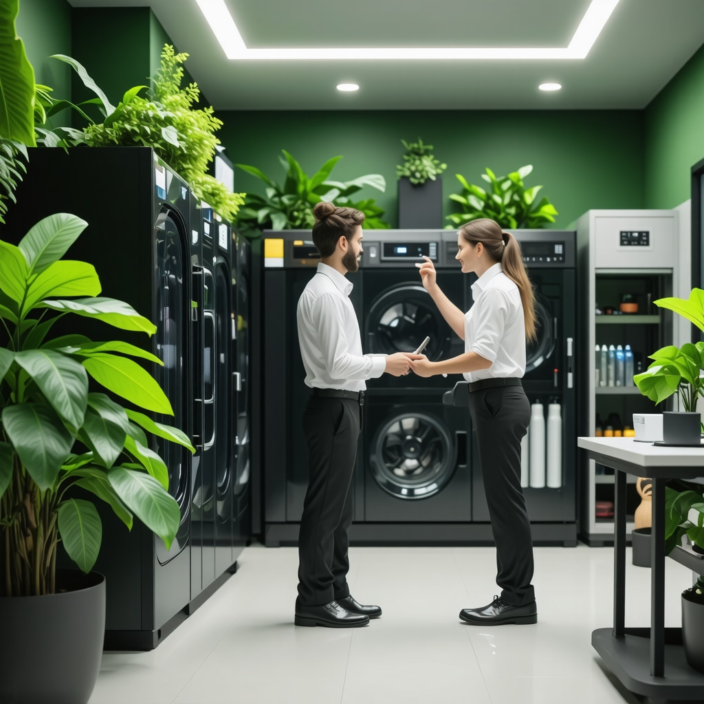 Eco-friendly dry cleaning facility with liquid CO2 machines and plant-based solvents being explained to a customer