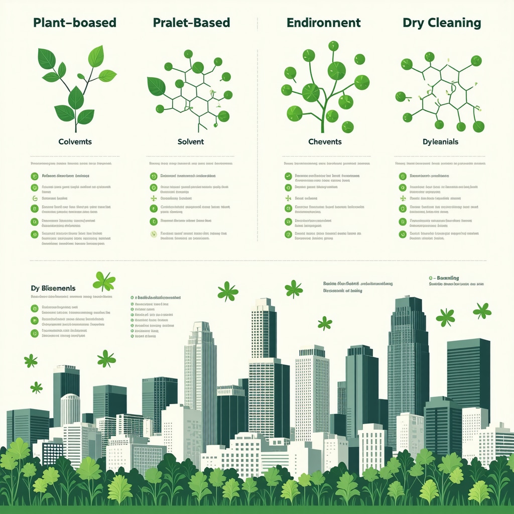 Infographic showing molecular differences and environmental benefits of plant-based vs traditional dry cleaning solvents with Tampa skyline