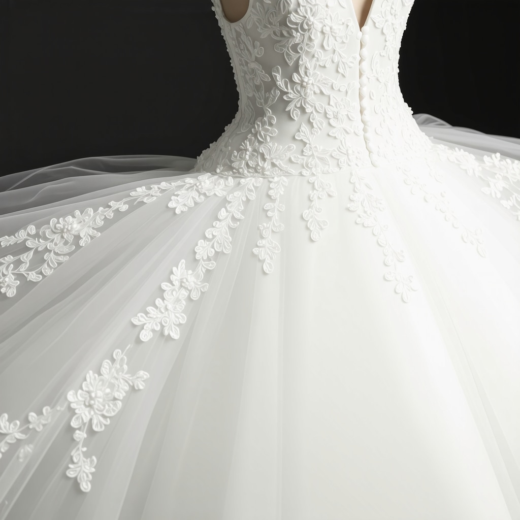 Close-up of wedding gown lace fabric with applied nano-coating in an eco-friendly dry cleaning environment