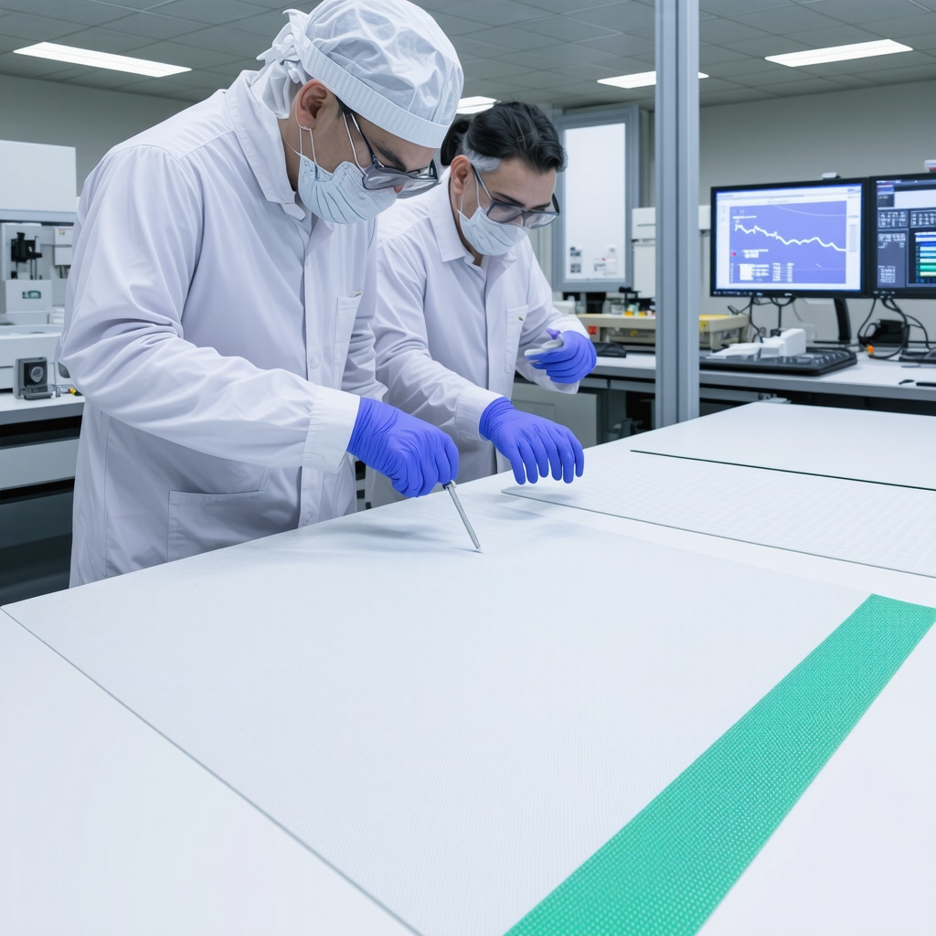Scientists applying nanoscale coatings to eco-friendly fabric in a laboratory, analyzing environmental impact data