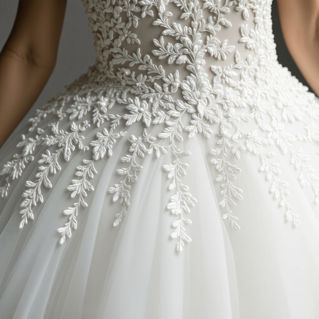 Close-up of nanotechnology protective coating applied to delicate bridal gown lace and embroidery in a laboratory setting