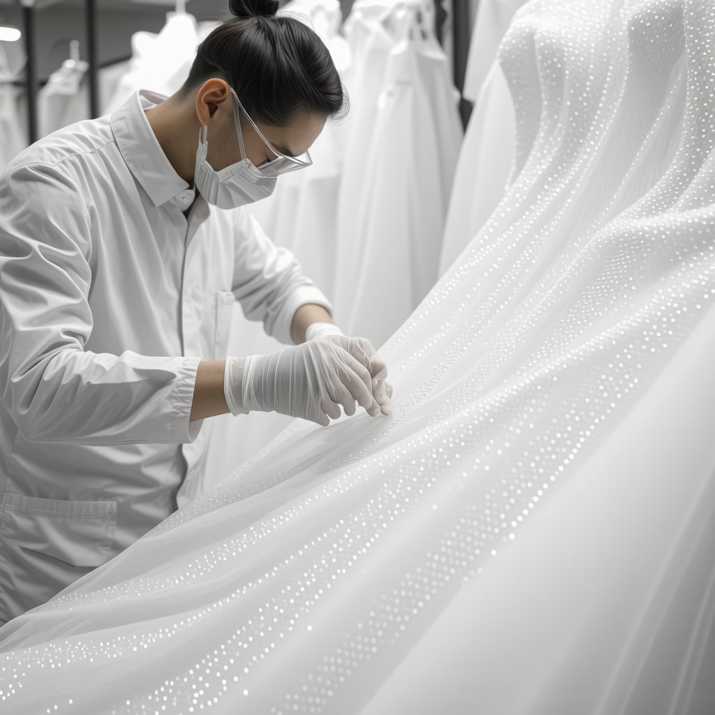 Scientists applying nanotech coatings on wedding dress fabric in a lab