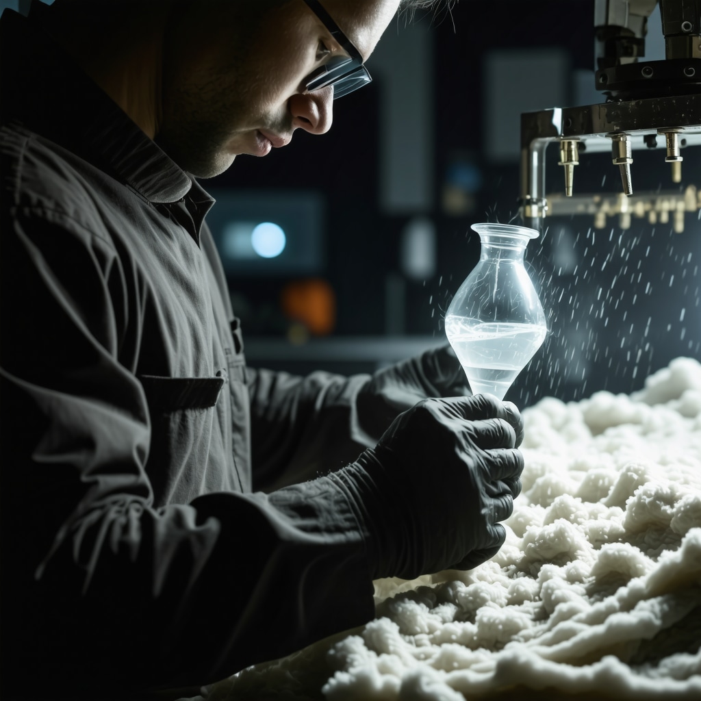 Technician applying nanotechnology-based plant solvent on cashmere sweater in eco-friendly dry cleaning lab