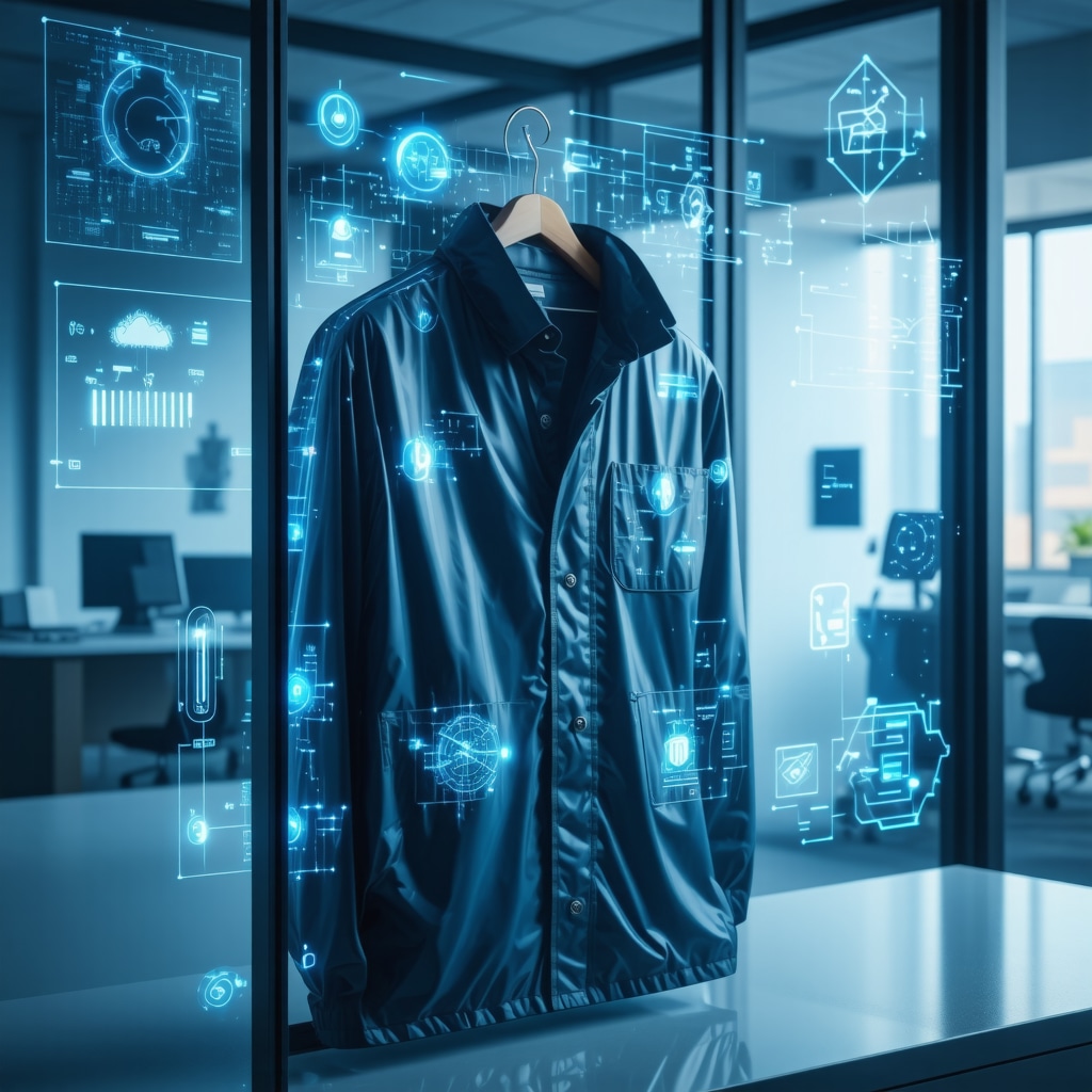 Illustration of a biodegradable garment bag with embedded IoT sensors and nanotechnology coatings showing environmental monitoring icons