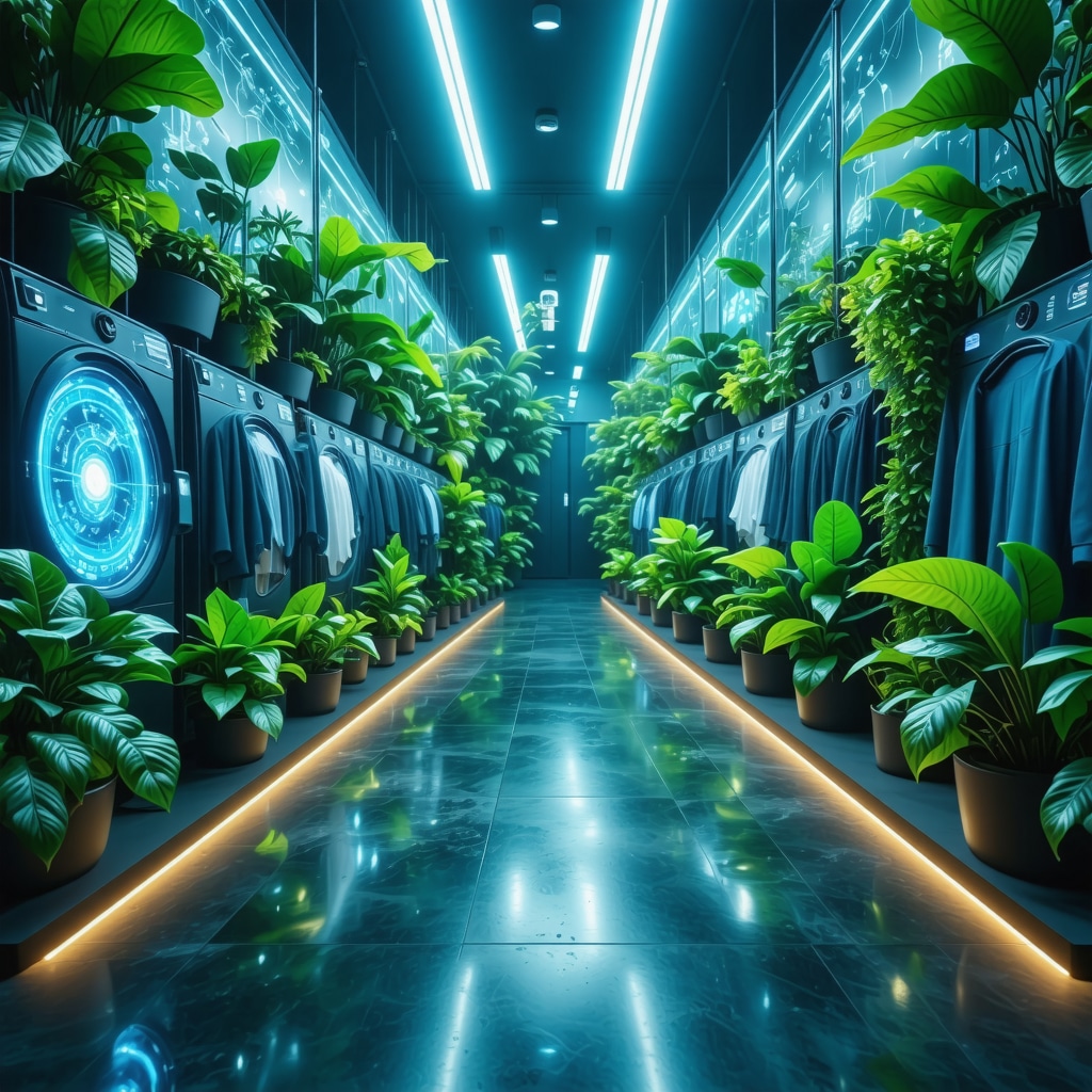 Illustration of nanotechnology and IoT sensors used in eco-friendly dry cleaning processes in Florida