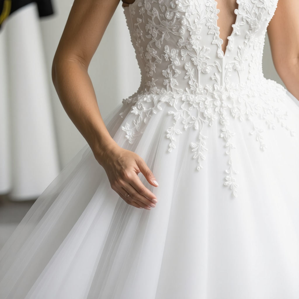 Close-up of a wedding dress with intricate details being cleaned using advanced eco-friendly nanotechnology methods