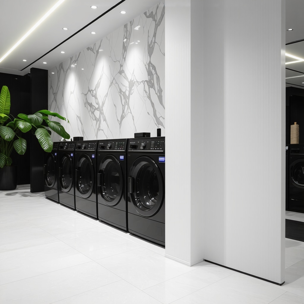 Modern eco dry cleaning plant in Palm Harbor with AI and IoT technology interfaces and green certification signage