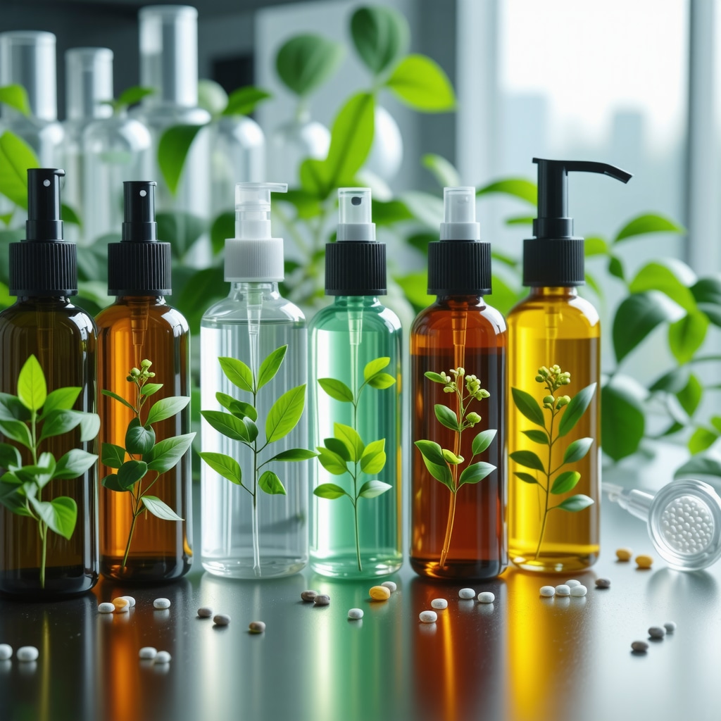 Laboratory scene with scientists formulating plant-based cleaning products using nanotechnology