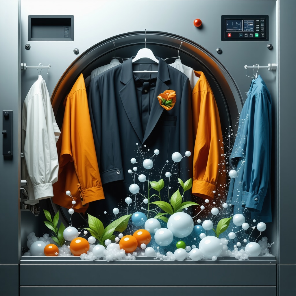Eco dry cleaning machine featuring IoT sensors and AI analytics alongside molecular representation of plant-based solvents interacting with textile fibers