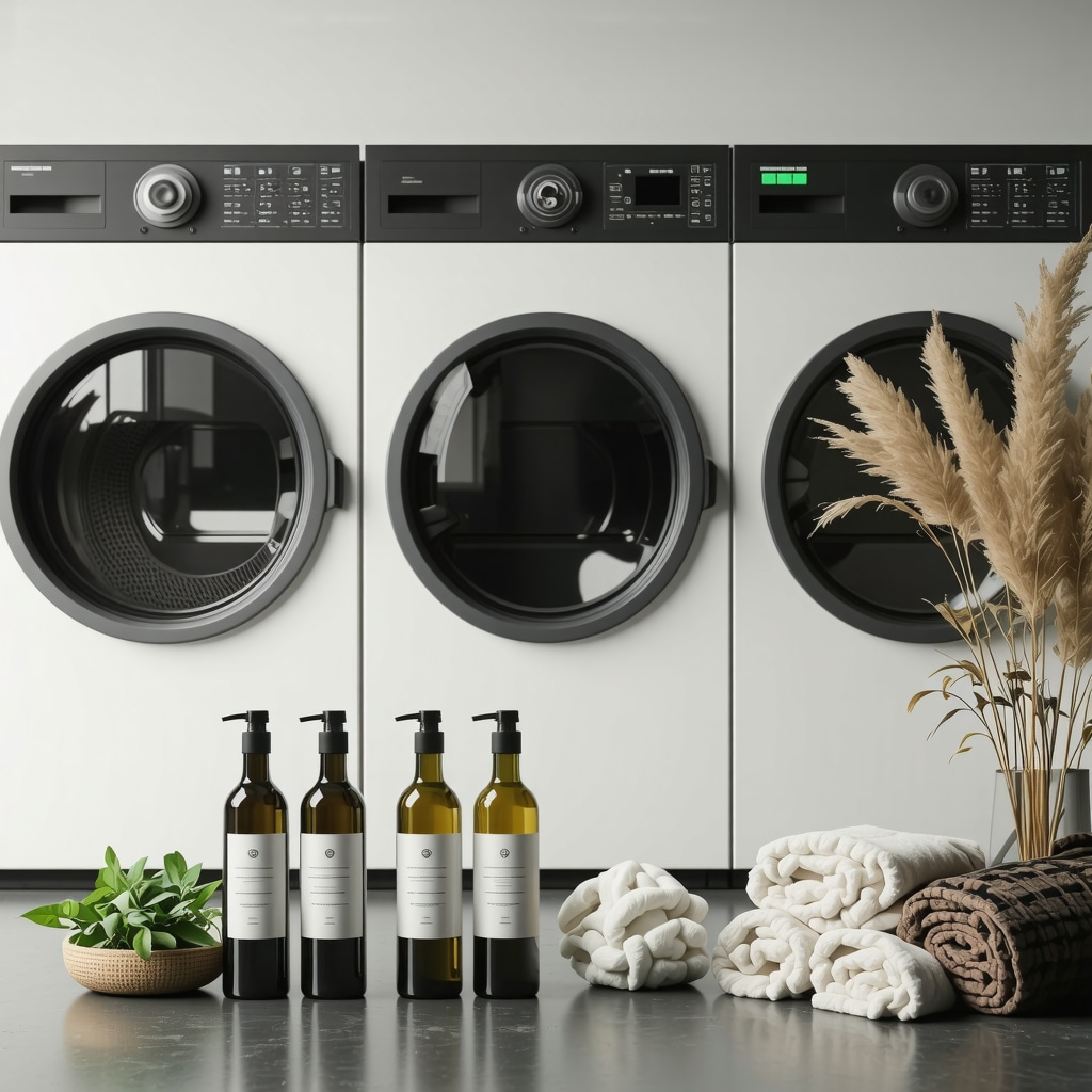An innovative dry cleaning machine featuring smart sensors, plant-based solvents, and delicate natural fabrics like silk and wool