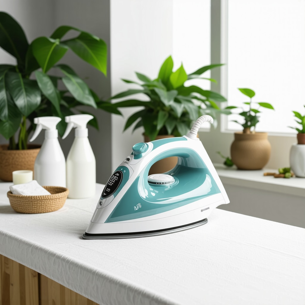 Modern smart steam iron on organic cotton ironing board surrounded by plant-based sprays and starches in eco-friendly home setting