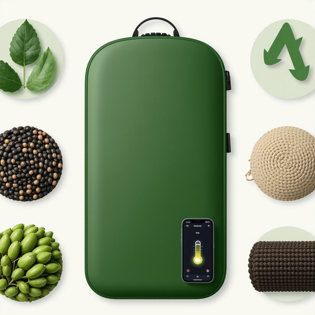 Smart green garment bag featuring embedded sensors with smartphone interface and eco-friendly textile background