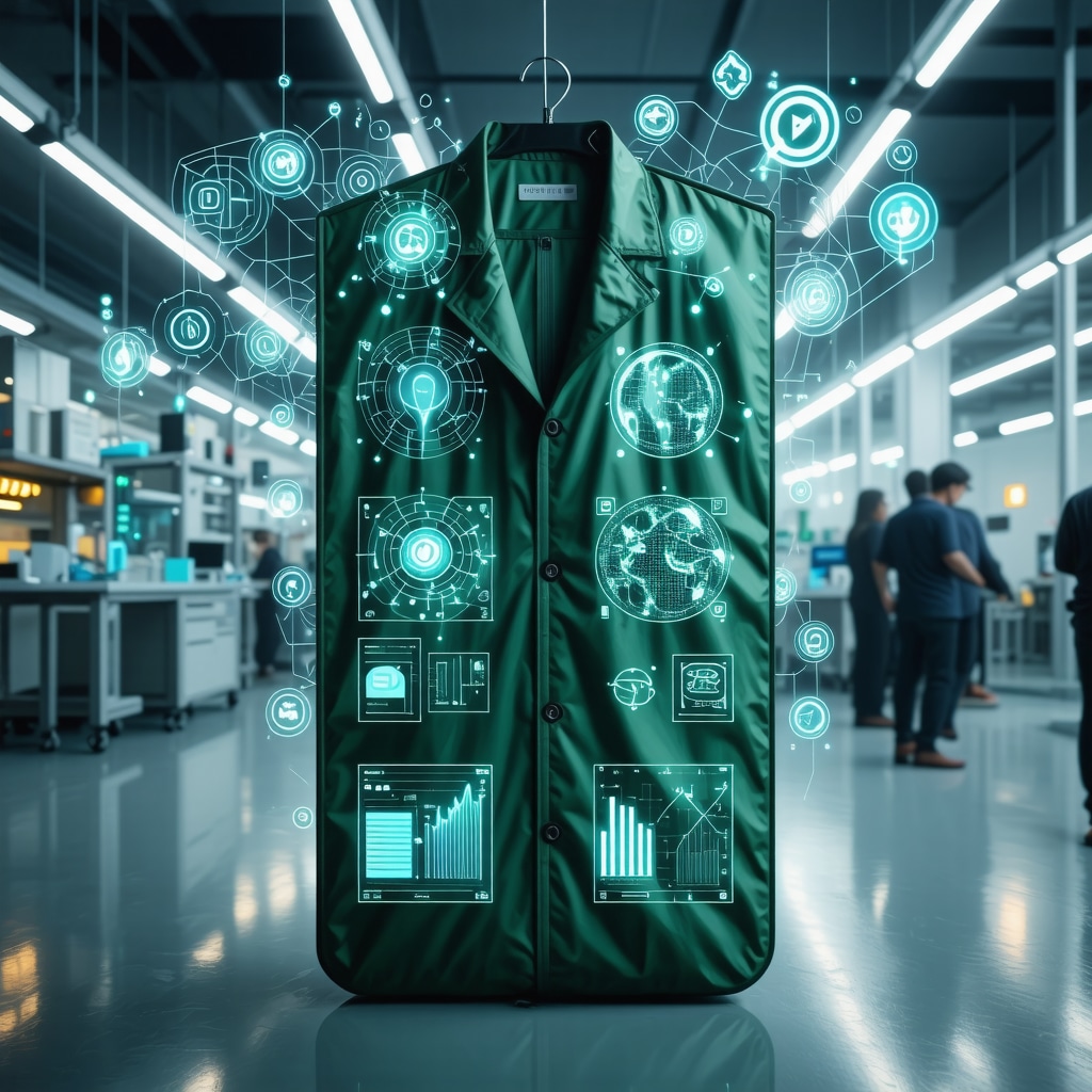 Futuristic green garment bag with embedded sensors and icons representing AI, blockchain, and circular economy in a high-tech lab environment