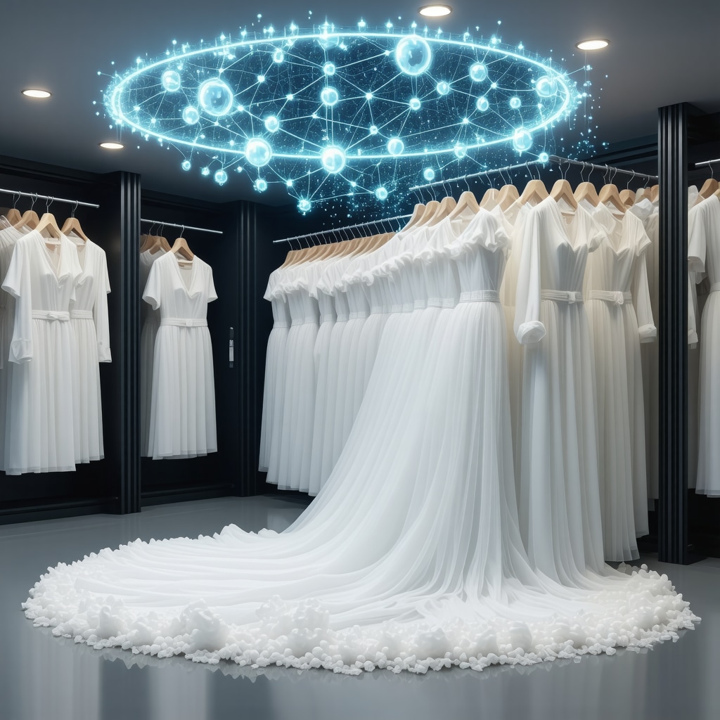 Eco dry cleaning machines with integrated smart sensors and molecular enzyme graphics demonstrating advanced sustainable wedding gown preservation technology