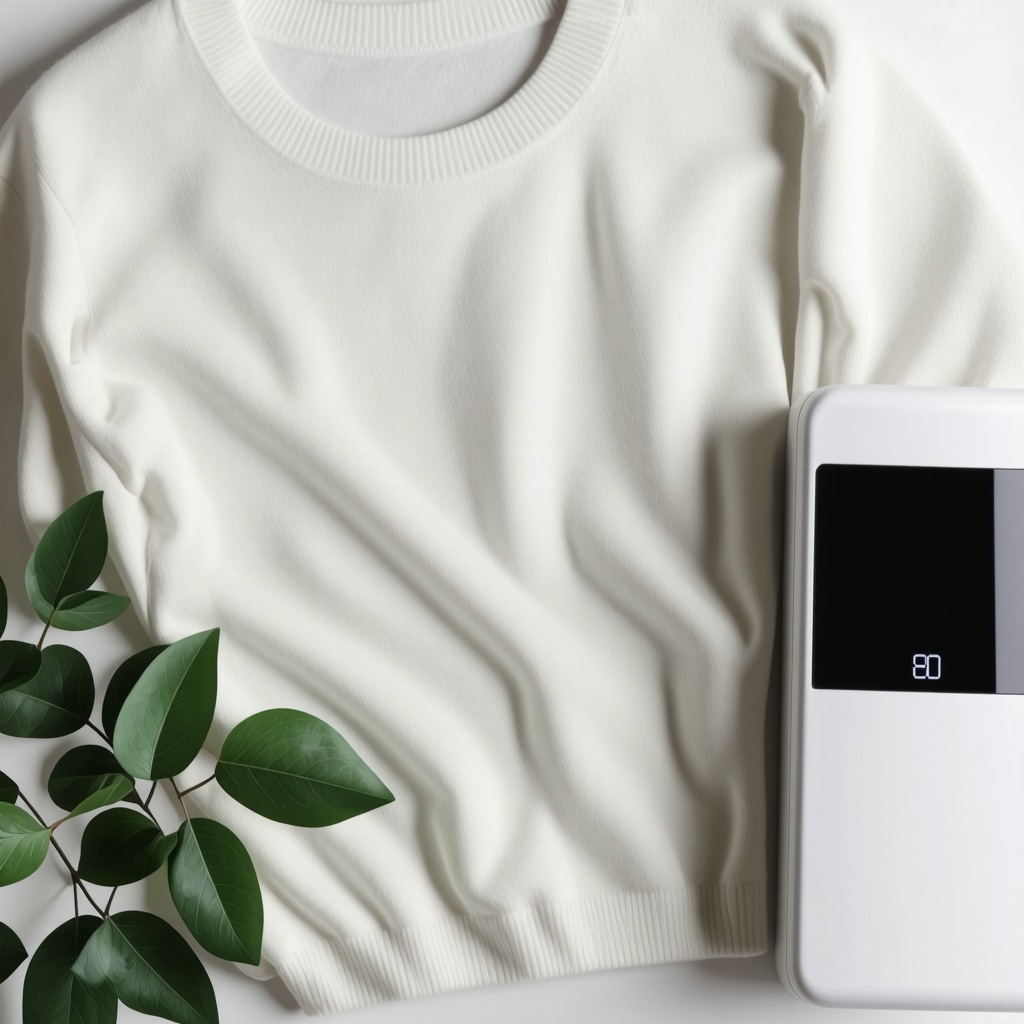 Cashmere sweater with smart sensors and eco-friendly dry cleaning equipment symbolizing sustainable fabric care