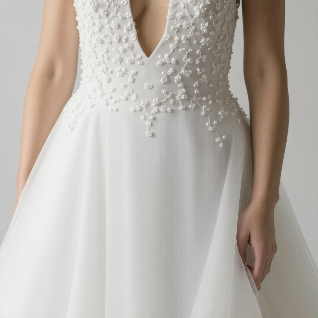 Close-up of wedding dress fabric with smart textile sensors illustrating sustainable care technology