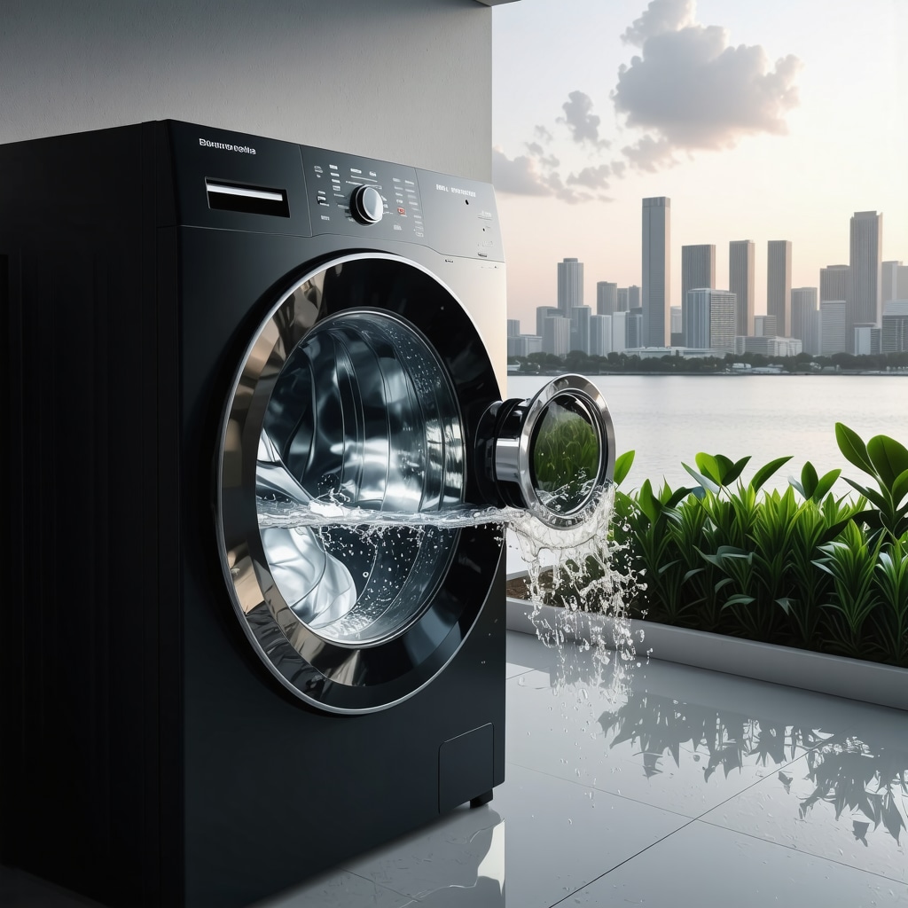 Futuristic washing machine equipped with microfiber filters against Tampa cityscape, symbolizing plastic-free laundry technology