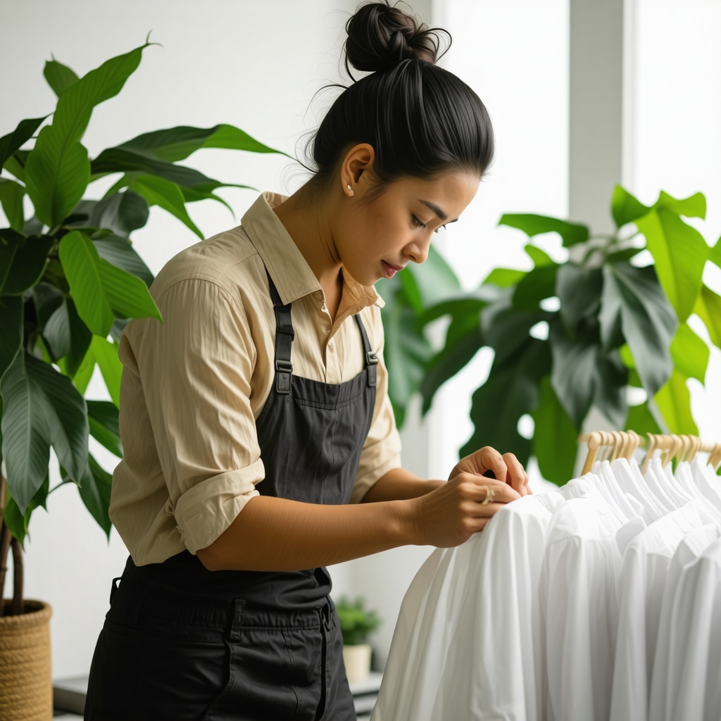 Artisans performing eco-friendly enzymatic cleaning and sustainable repair on luxury garments in a bright, green-certified Tampa workshop