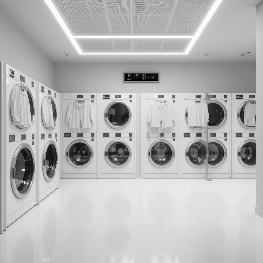 Futuristic hotel laundry with zero-waste dry cleaning technology and digital garment tracking screens