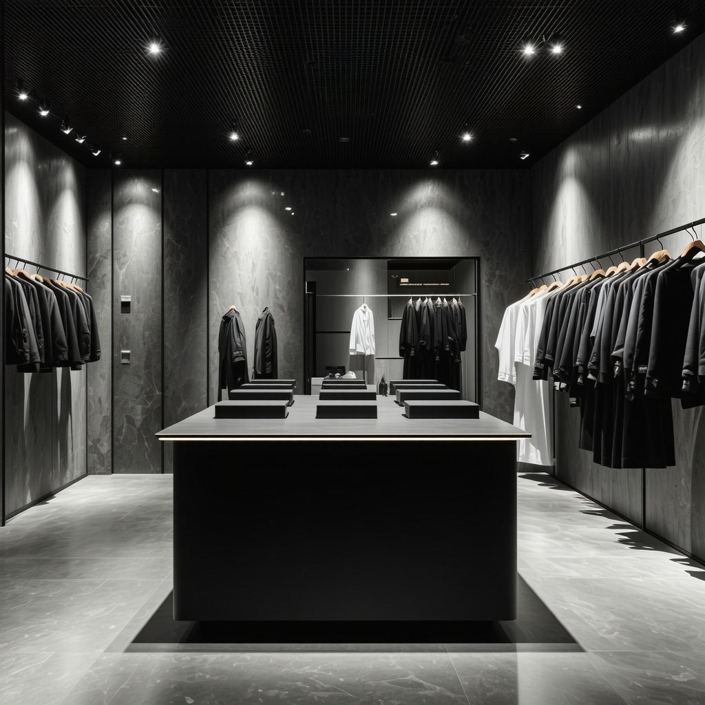 Interior view of a luxury eco dry cleaning facility demonstrating solvent recycling and sustainable packaging