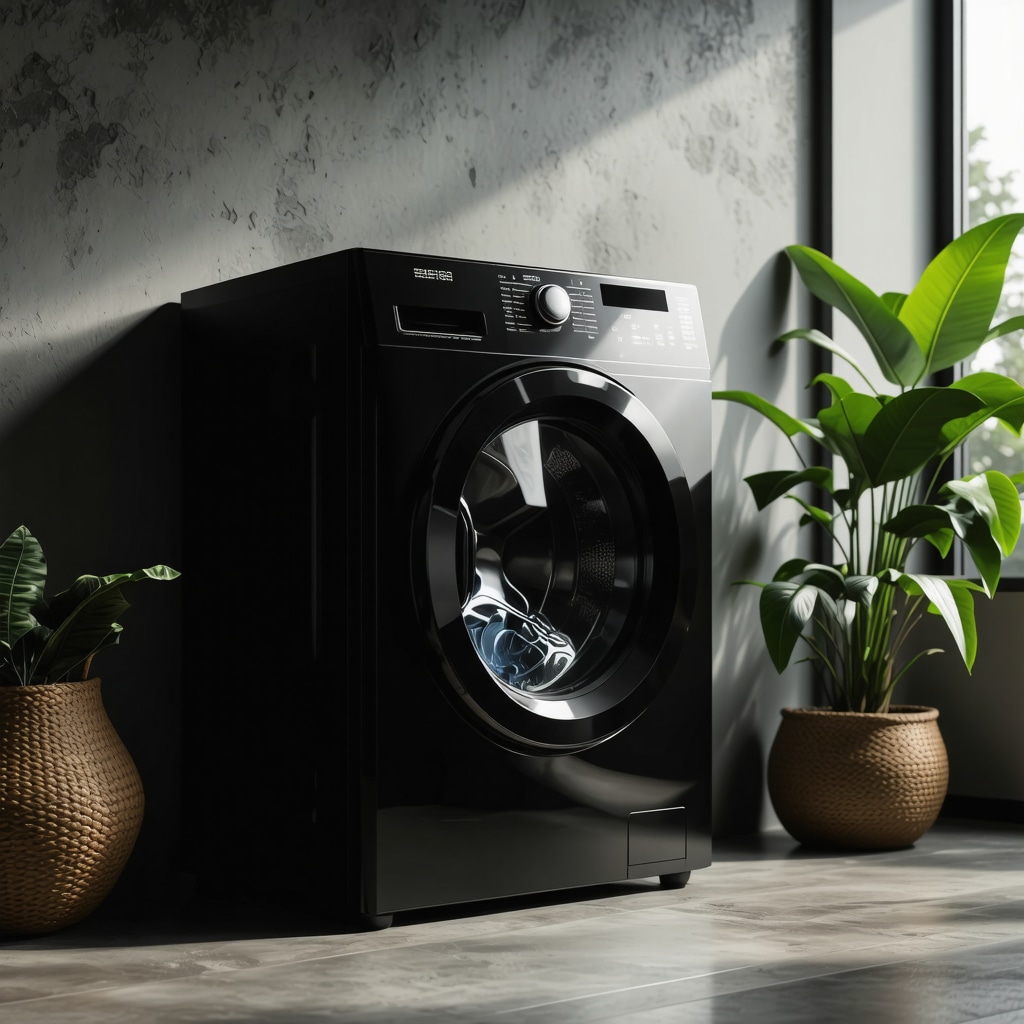 Smart laundry appliance with digital interfaces illustrating enzyme and botanical solvent application for sustainable fabric care