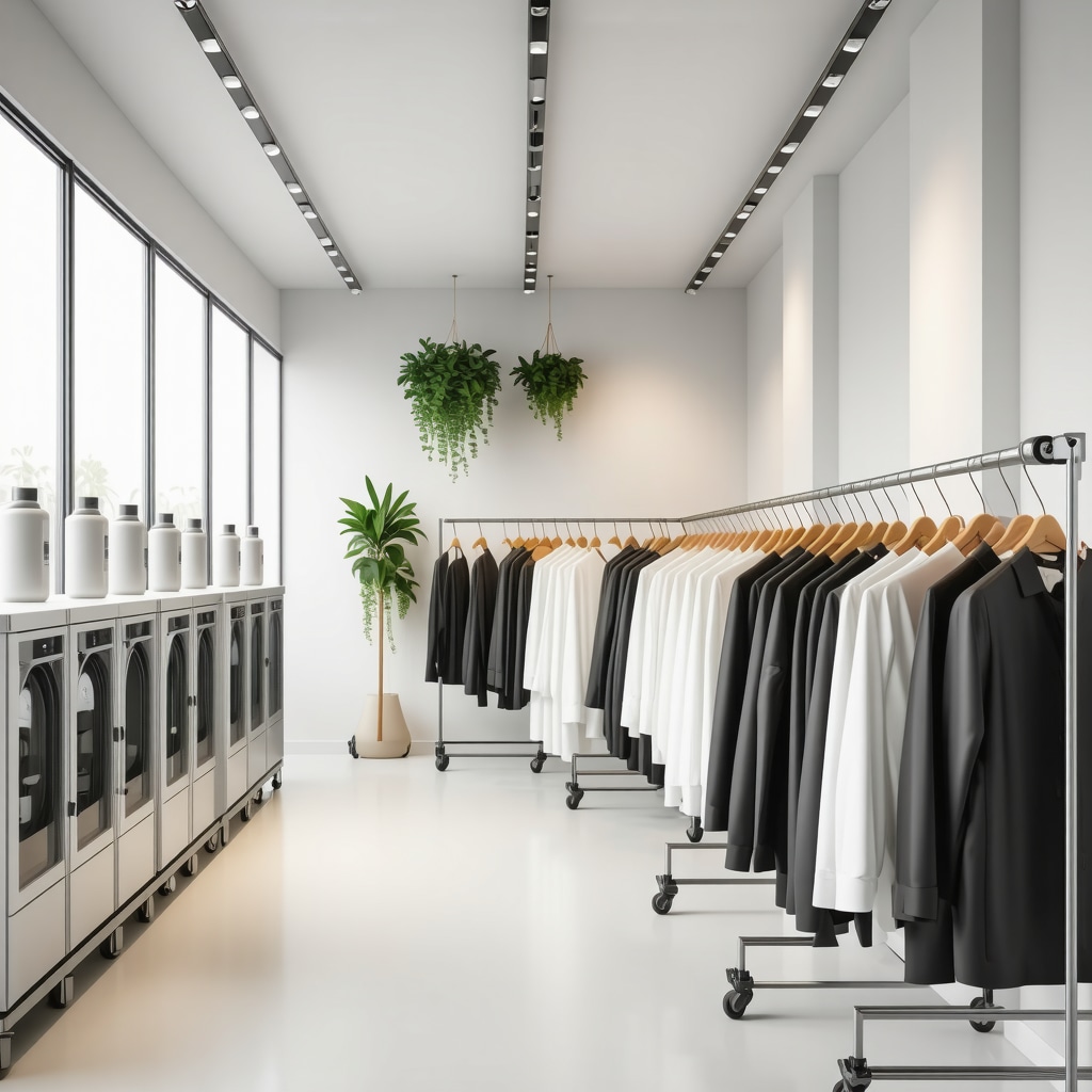 Modern dry cleaning facility using AI-driven solvent management and eco-friendly cleaning solutions