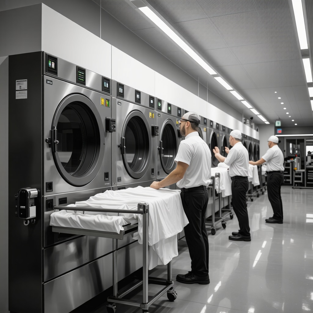 Technicians working with cutting-edge enzymatic and nanotechnology dry cleaning equipment in a sustainable Florida facility