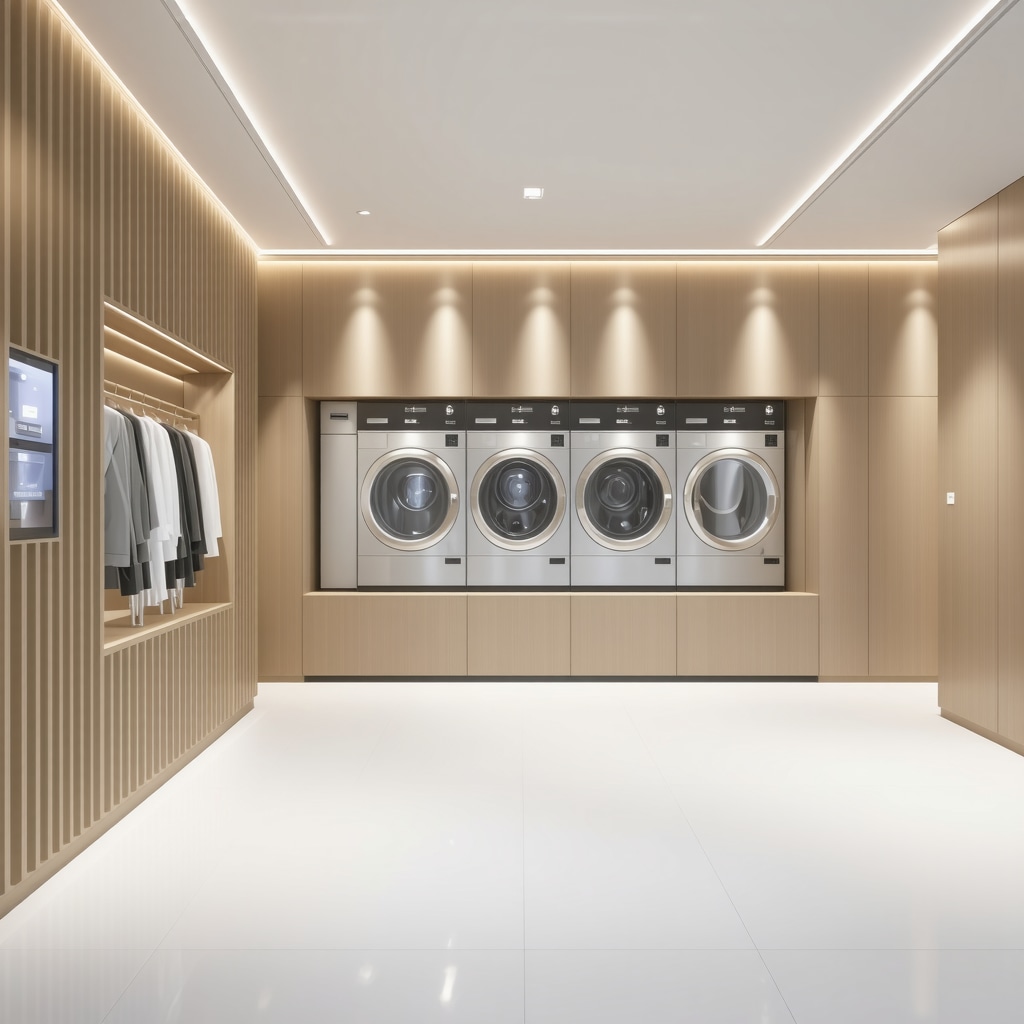 Modern eco dry cleaning center with nanotechnology and IoT sensors for luxury fabrics