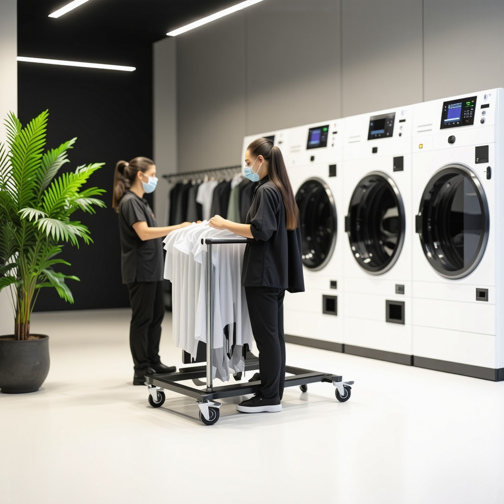 Modern eco-friendly dry cleaning facility with sustainable technology and staff handling workwear
