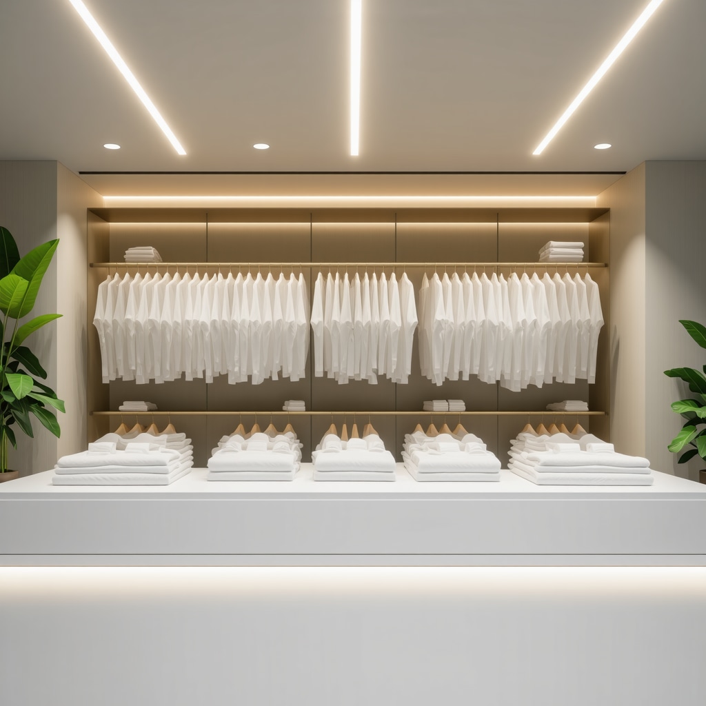 Modern luxury dry cleaning facility using sustainable solvents and enzyme cleaning with pristine luxury garments