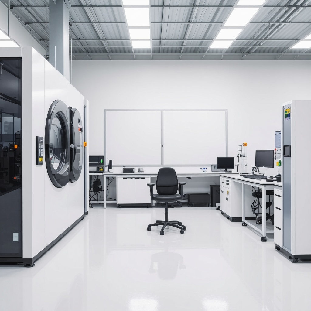 Laboratory scene with nanocatalysts, enzymatic solutions, and IoT devices integrated in plant-based dry cleaning process