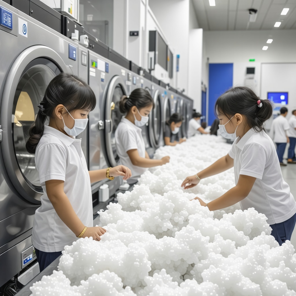 Laboratory scene showing enzyme, ultrasonic, and supercritical CO2 equipment used for chemical-free dry cleaning of children's clothing