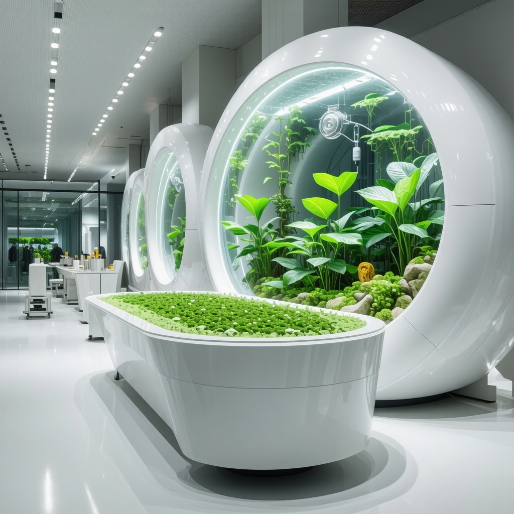 Futuristic eco-friendly dry cleaning lab with AI machines and enzyme bioreactors processing green textiles