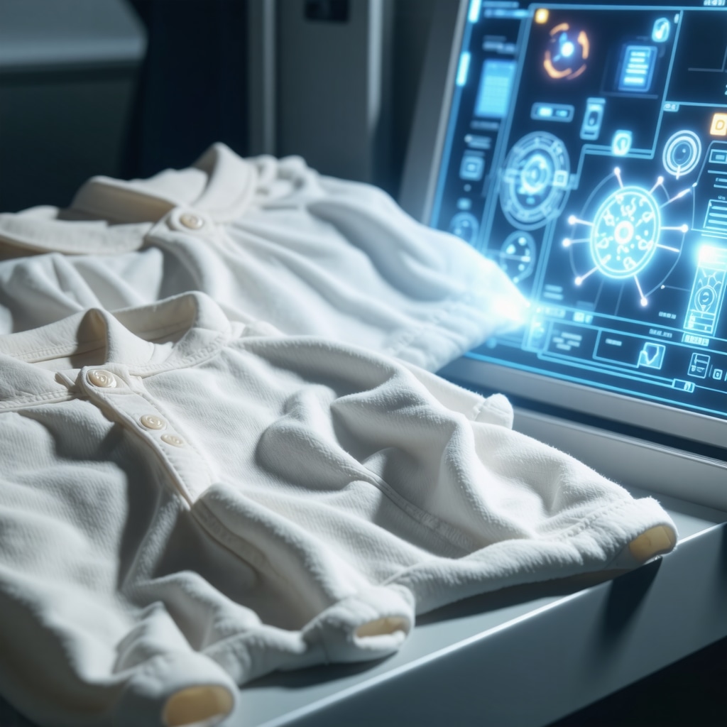 Close-up of baby clothes undergoing nanotech-enhanced cleaning with AI diagnostics in dry cleaning lab