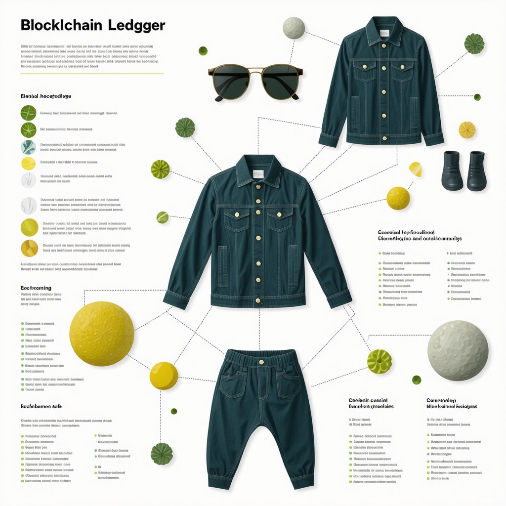 Infographic illustrating blockchain technology integration with eco-friendly dry cleaning and safety metrics for children's clothing