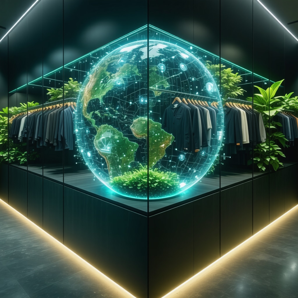 Eco dry cleaning facility with blockchain data and IoT sensor overlays demonstrating sustainable garment care