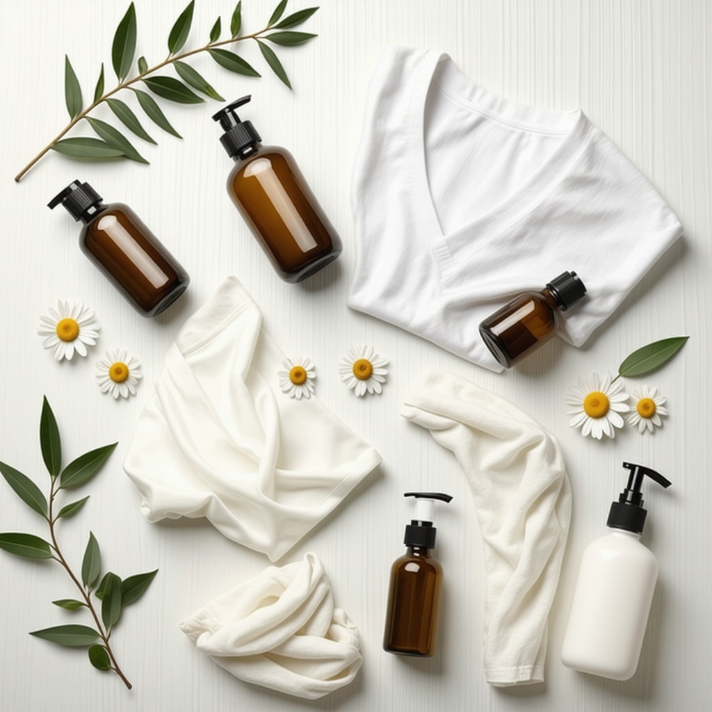 Delicate silk and cashmere garments with botanical fabric conditioners and eco-friendly detergents on a wooden surface