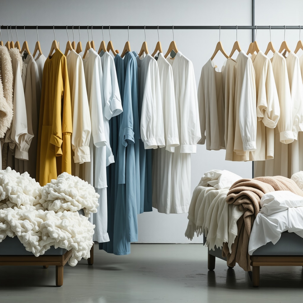 Illustration of eco-friendly dry cleaning using plant-based solvents and enzymatic stain removal in Crystal Beach