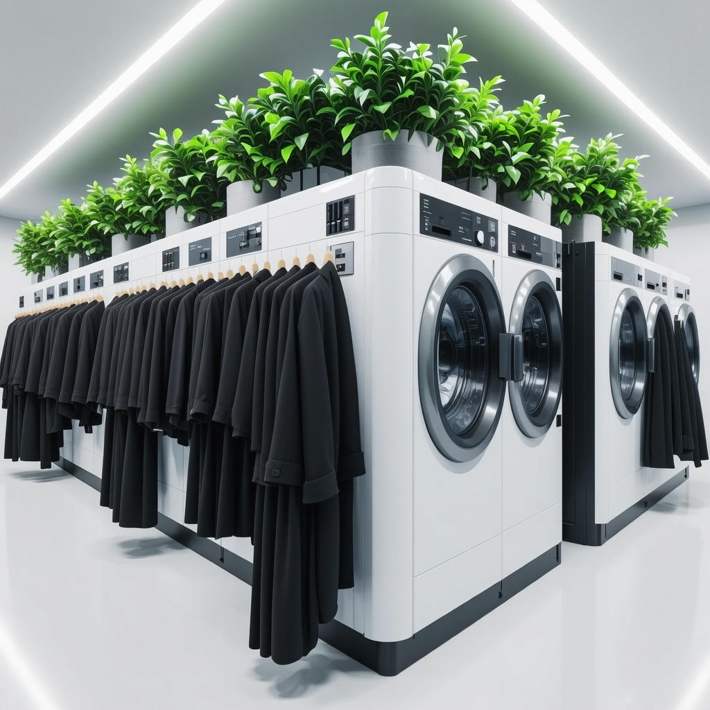 A sleek, modern dry cleaning shop using ozone and waterless cleaning technologies to promote sustainability.