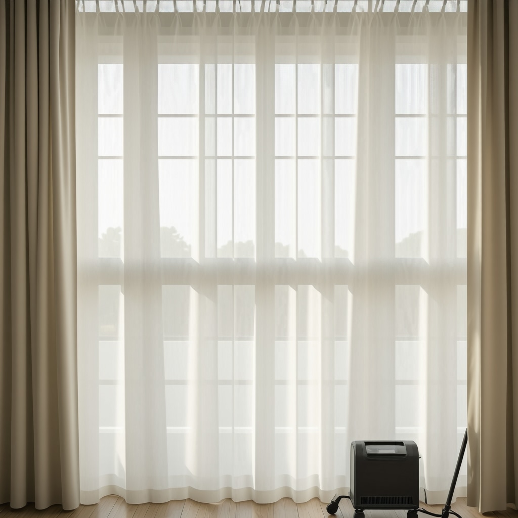 Eco-friendly curtain cleaning using ultrasonic technology and plant-based solvents on delicate fabric