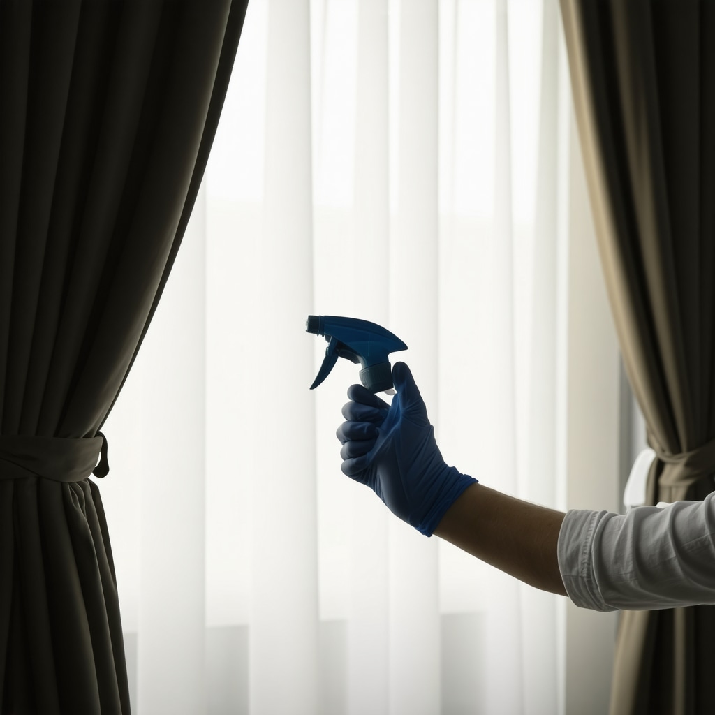 Technician using plant-based solvent cleaner on curtains in Tampa home