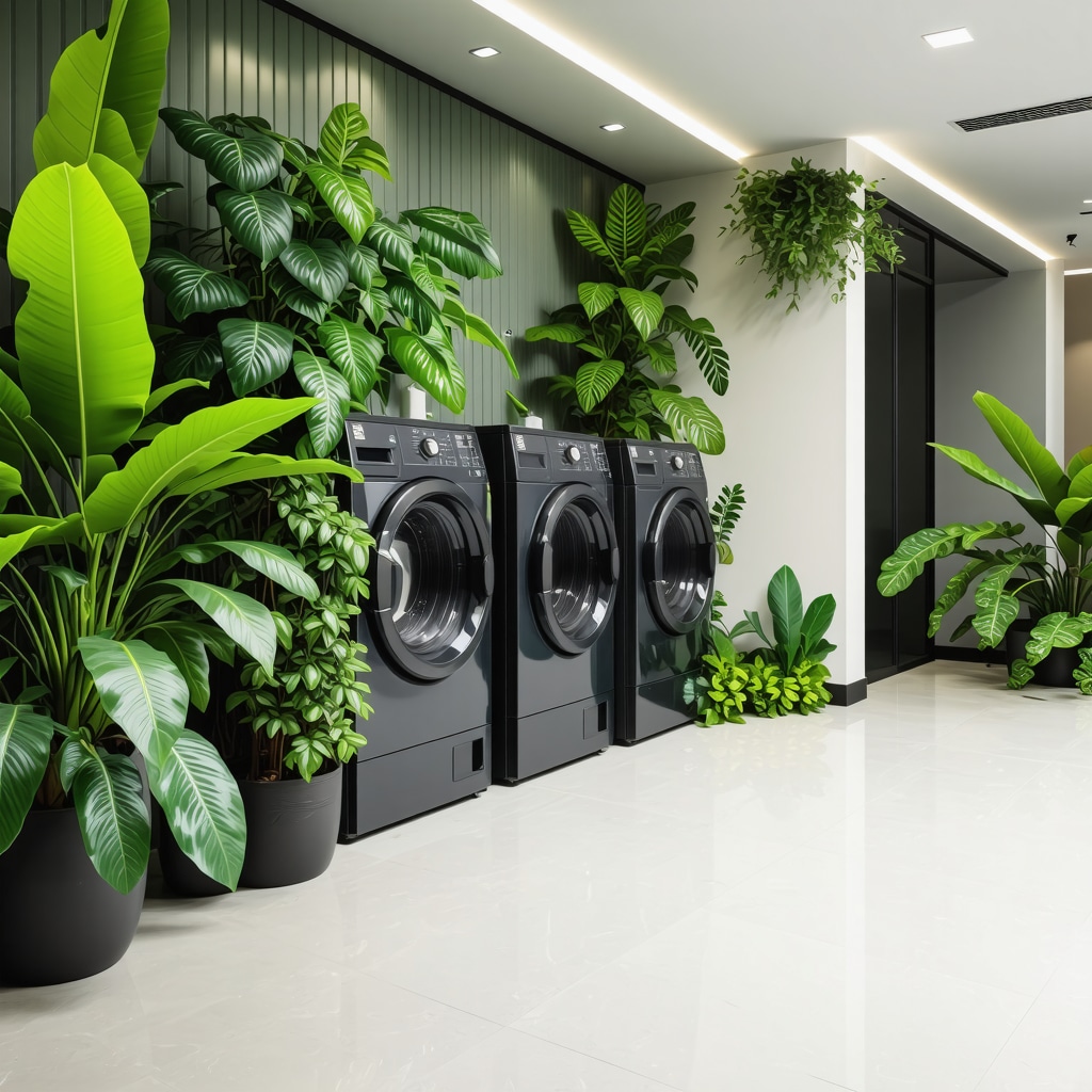 Interior of eco-conscious dry cleaning facility with green technology and plant-based solvents.