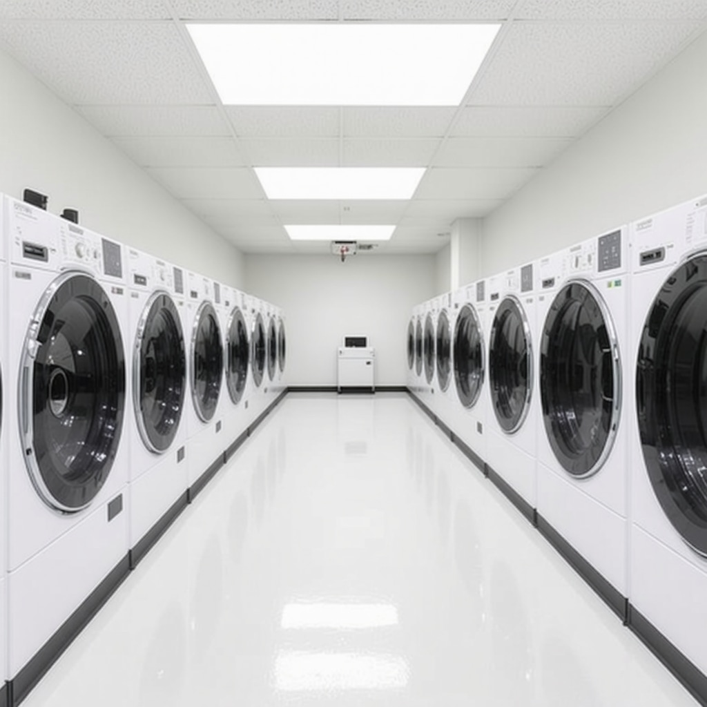 Modern dry cleaning plant using plant-based solvents, eco-friendly tech, and sustainable practices.